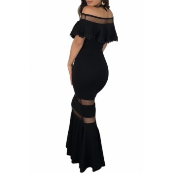Black Lace Applique Flounce Off Shoulder Party Gown